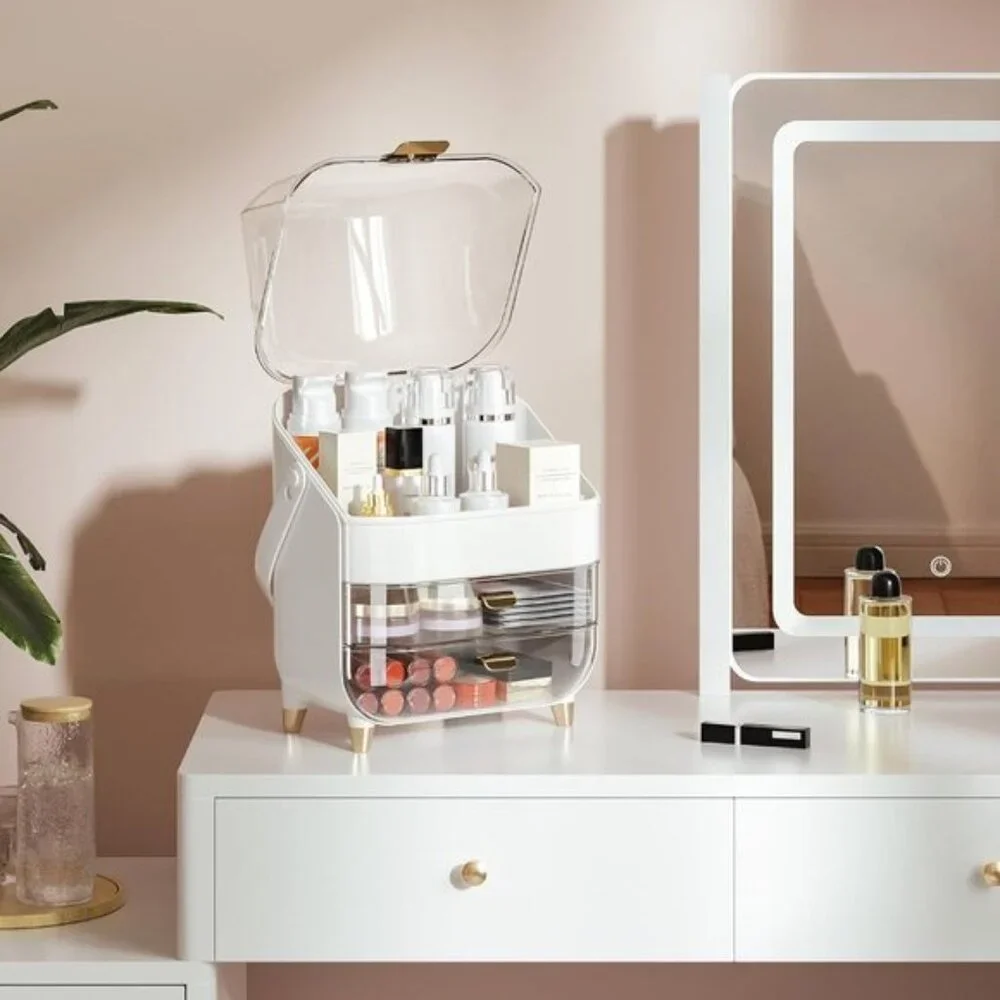 Makeup Organizer for Vanity, Large Skincare Storage with Lid & Drawers - White